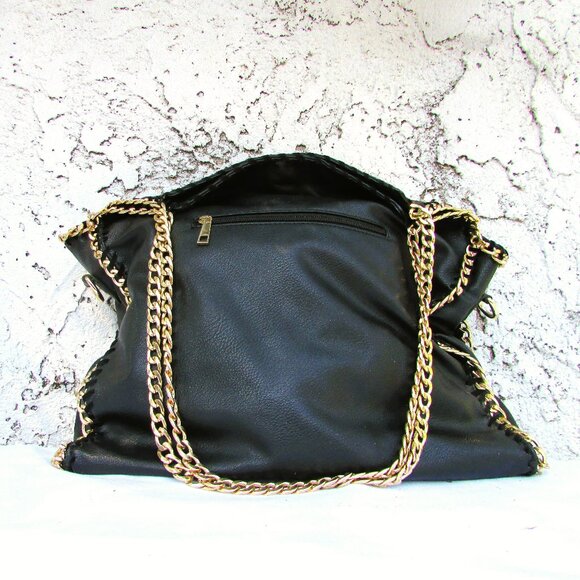 Black faux leather gold tone chain tote 15"X14"X5" - Picture 1 of 7